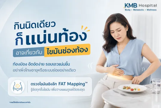 ภาพอินโฟกราฟิก KMB Hospital เรื่องกินนิดเดียวก็แน่นท้อง อาจเกี่ยวกับไขมันช่องท้อง แสดงผู้หญิงจับหน้าท้องพร้อมจานอาหารบนโต๊ะ พร้อมแนะนำให้ตรวจไขมันเชิงลึกด้วย FAT Mapping เพื่อตรวจตำแหน่งไขมันสะสมและวางแผนดูแลร่างกาย
