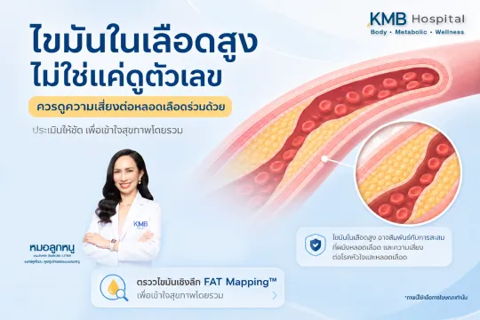 ภาพอินโฟกราฟิก KMB Hospital เรื่องไขมันในเลือดสูงและความเสี่ยงต่อหลอดเลือด แสดงการสะสมของไขมันและคราบพลัคในหลอดเลือดที่อาจเพิ่มความเสี่ยงโรคหัวใจและหลอดเลือด พร้อมแนะนำการประเมินสุขภาพและความเสี่ยงด้วย FAT Mapping เพื่อดูภาพรวมของร่างกายอย่างละเอียด
