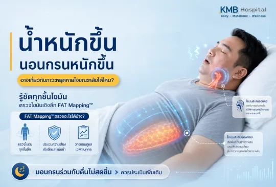 ภาพประกอบบทความ KMB Hospital เรื่องน้ำหนักขึ้น นอนกรนหนักขึ้น และความเกี่ยวข้องกับภาวะหยุดหายใจขณะหลับ แสดงไขมันสะสมรอบคอและช่องท้อง พร้อมการตรวจไขมันเชิงลึกด้วย FAT Mapping เพื่อประเมินความเสี่ยงเพิ่มเติม