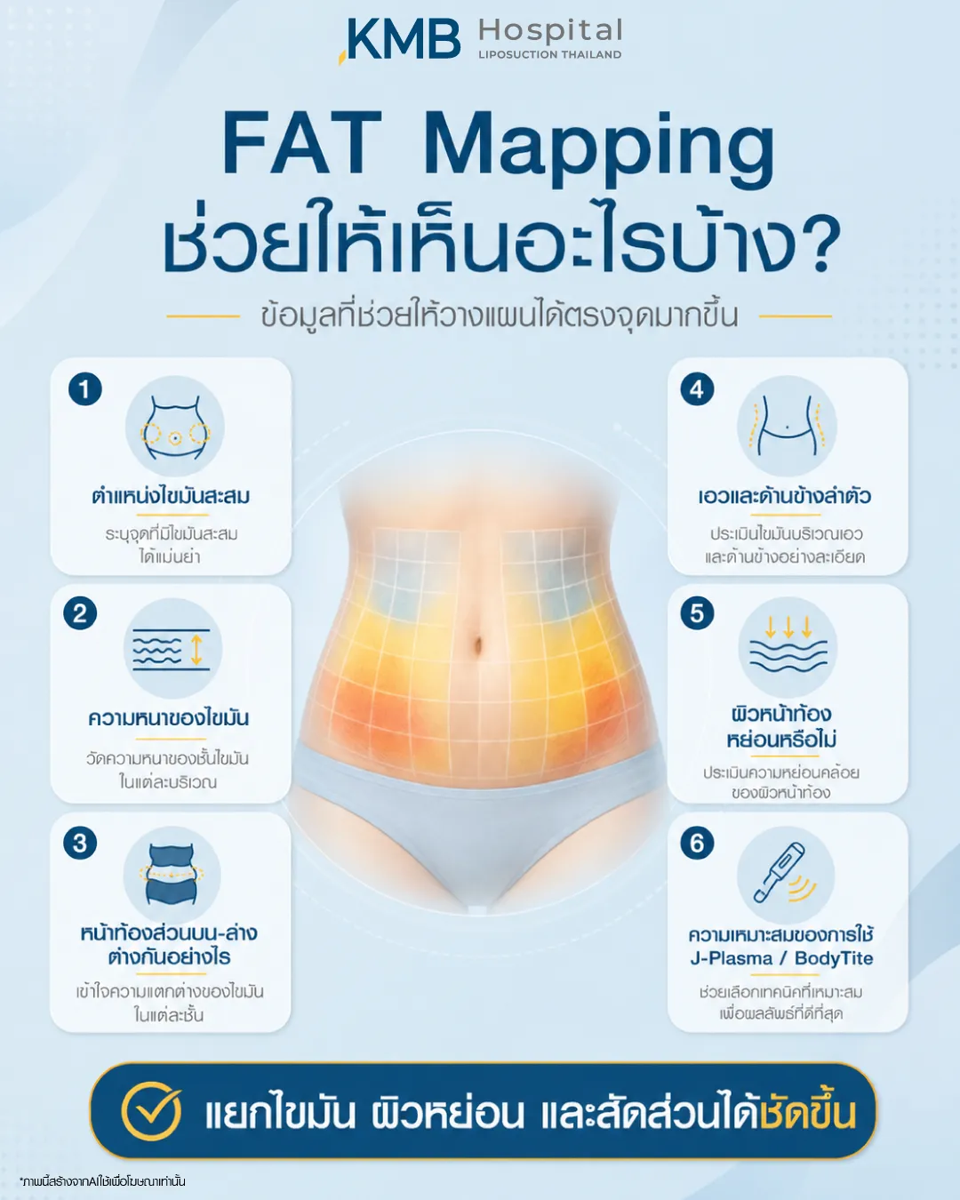 FAT MAPPING ช่วยให้เห็นตำแหน่งไขมัน ความหนา ผิวหน้าท้อง และสัดส่วน ช่วยวางแผนดูแลเฉพาะบุคคล