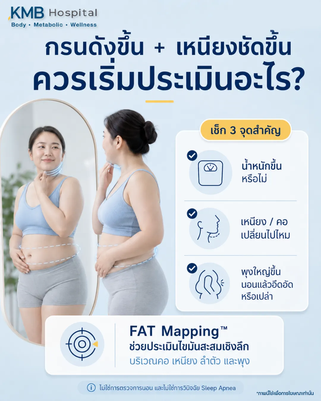 ภาพอินโฟกราฟิก KMB Hospital เรื่องกรนดังขึ้นร่วมกับเหนียงชัดขึ้น ควรเริ่มประเมินน้ำหนัก เหนียง คอ และพุงที่ใหญ่ขึ้น พร้อมแนะนำ FAT Mapping เพื่อช่วยประเมินไขมันสะสมเชิงลึกบริเวณคอ เหนียง ลำตัว และพุง