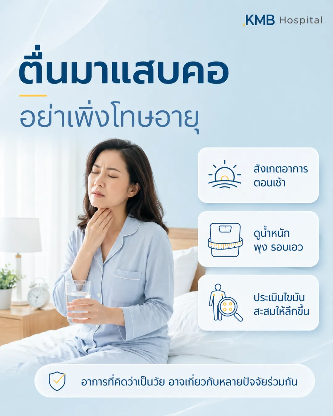 ภาพอินโฟกราฟิก KMB Hospital เรื่องตื่นมาแสบคอ อย่าเพิ่งโทษอายุ แสดงผู้หญิงจับคอหลังตื่นนอน พร้อมสัญญาณที่ควรสังเกต เช่น อาการตอนเช้า น้ำหนัก พุง รอบเอว และการประเมินไขมันสะสมให้ลึกขึ้นเพื่อดูปัจจัยร่วมของร่างกาย