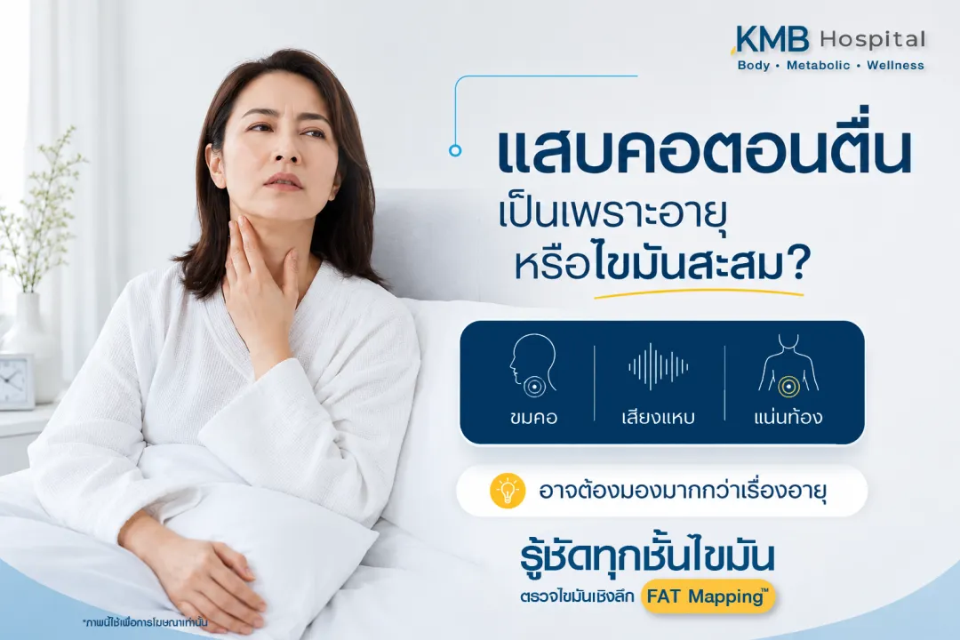ภาพอินโฟกราฟิก KMB Hospital เรื่องแสบร้อนที่คอตอนตื่น อาจเกิดจากอายุหรือไขมันสะสม แสดงผู้หญิงจับคอพร้อมไฮไลท์ไขมันสะสมที่ช่องท้องและแขน พร้อมแนะนำให้ตรวจไขมันเชิงลึกด้วย FAT Mapping เพื่อตรวจตำแหน่งไขมันสะสมและประเมินร่างกาย
